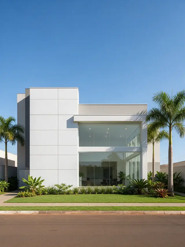 Fachada de prédio comercial com faixa de gramado e plantas tropicais