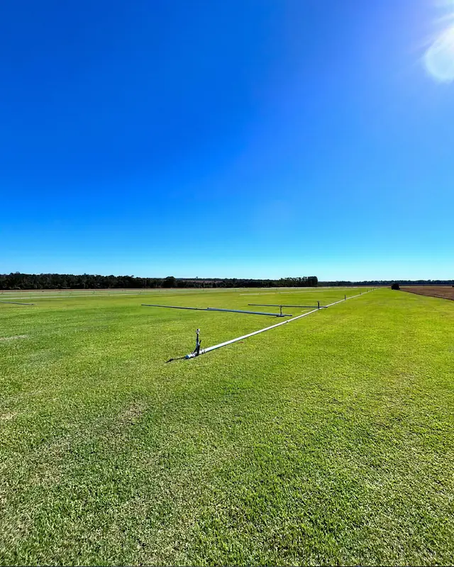 Campo de grama da Grameira Sinop com canos de irrigação e céu azul